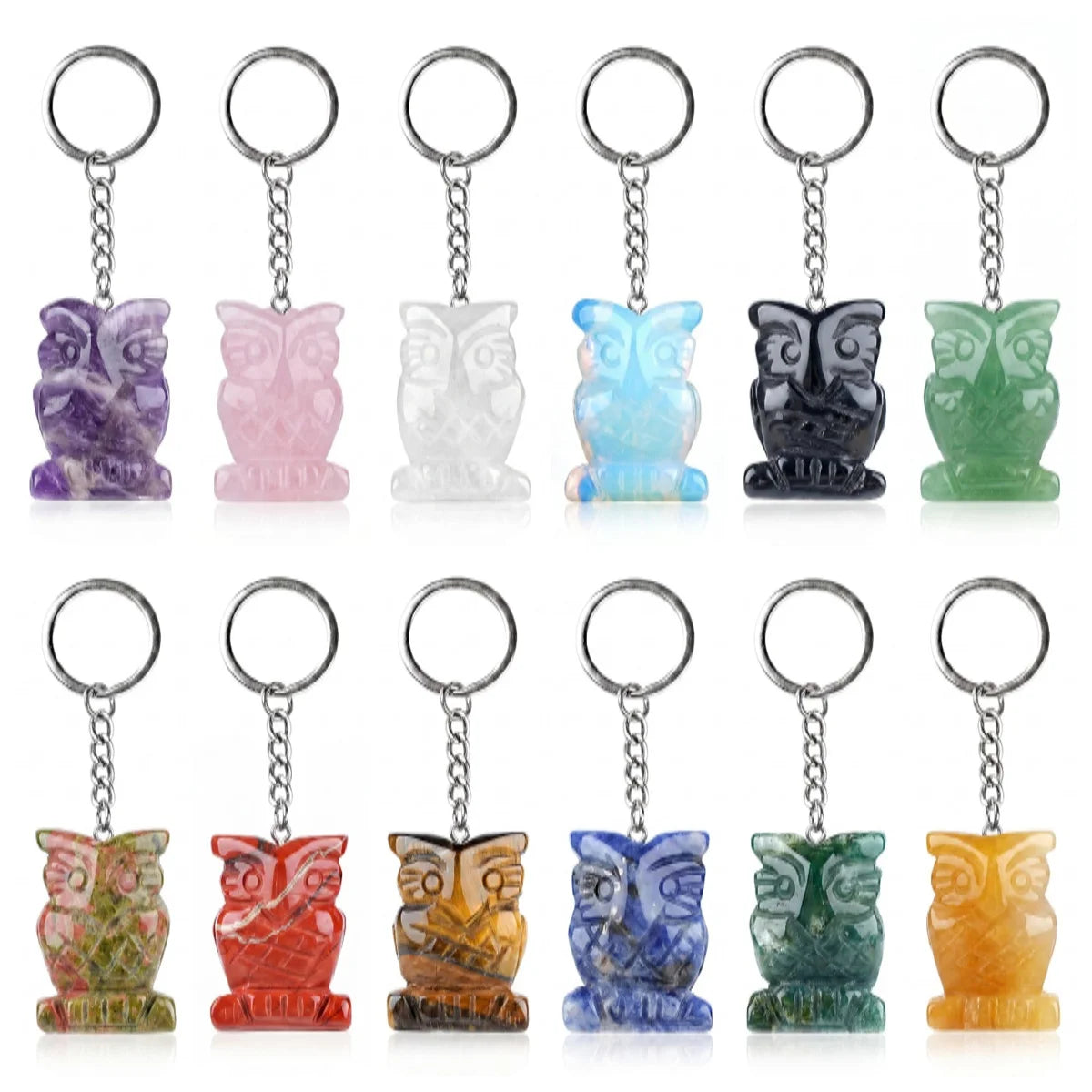 Natural Gemstone Owl Keychain - Hand-Carved Crystal Animal Key Ring for Women Men