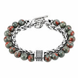 Men Double Layer Gemstone Bead Bracelet, Stainless Steel Chain OT Clasp Bracelet, 8mm Healing Crystal Wrist Jewelry Gift