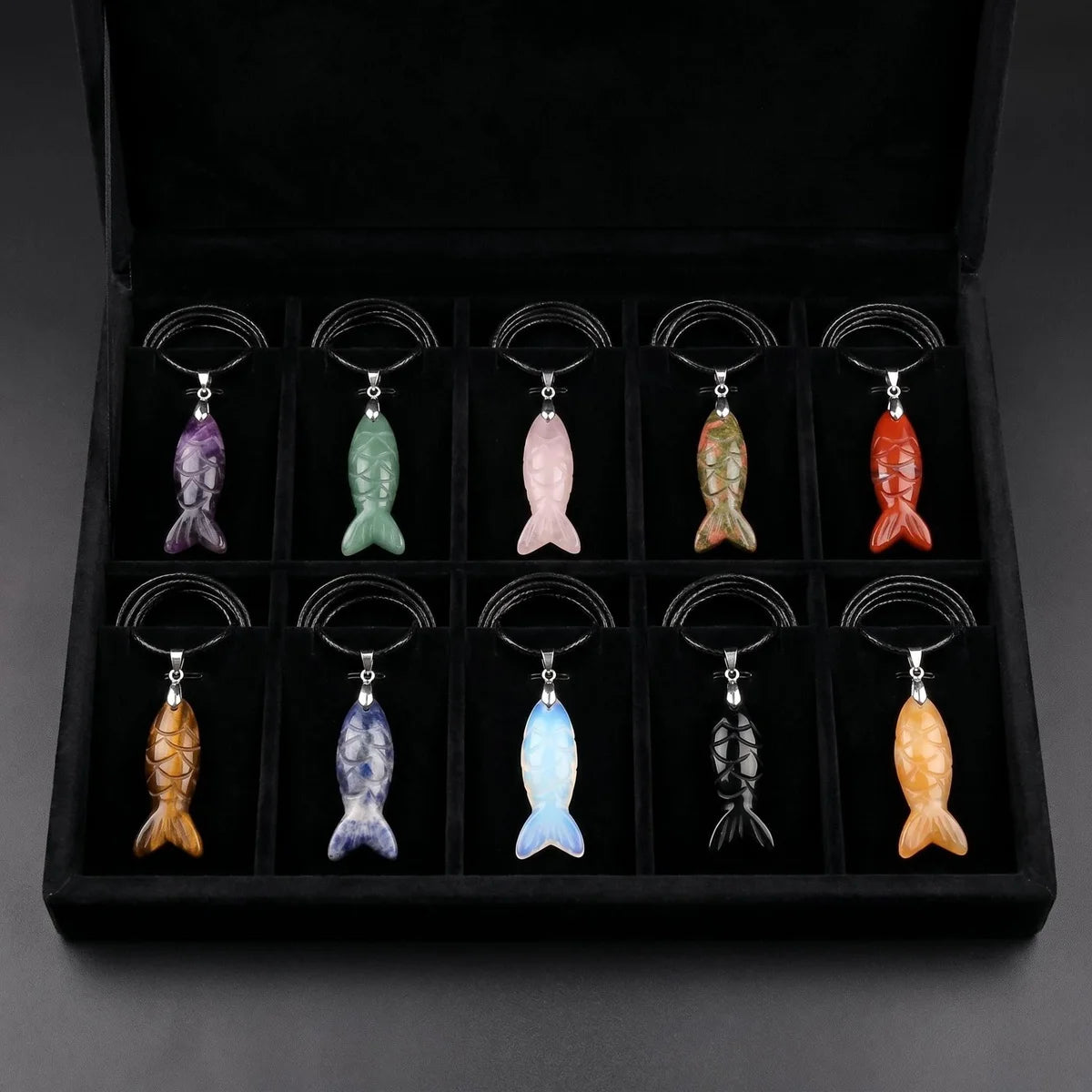 Handmade Craved Gemstone Fish Pendant Necklace 45cm Adjustable Leather Cord Spiritual Crystal Jewelry