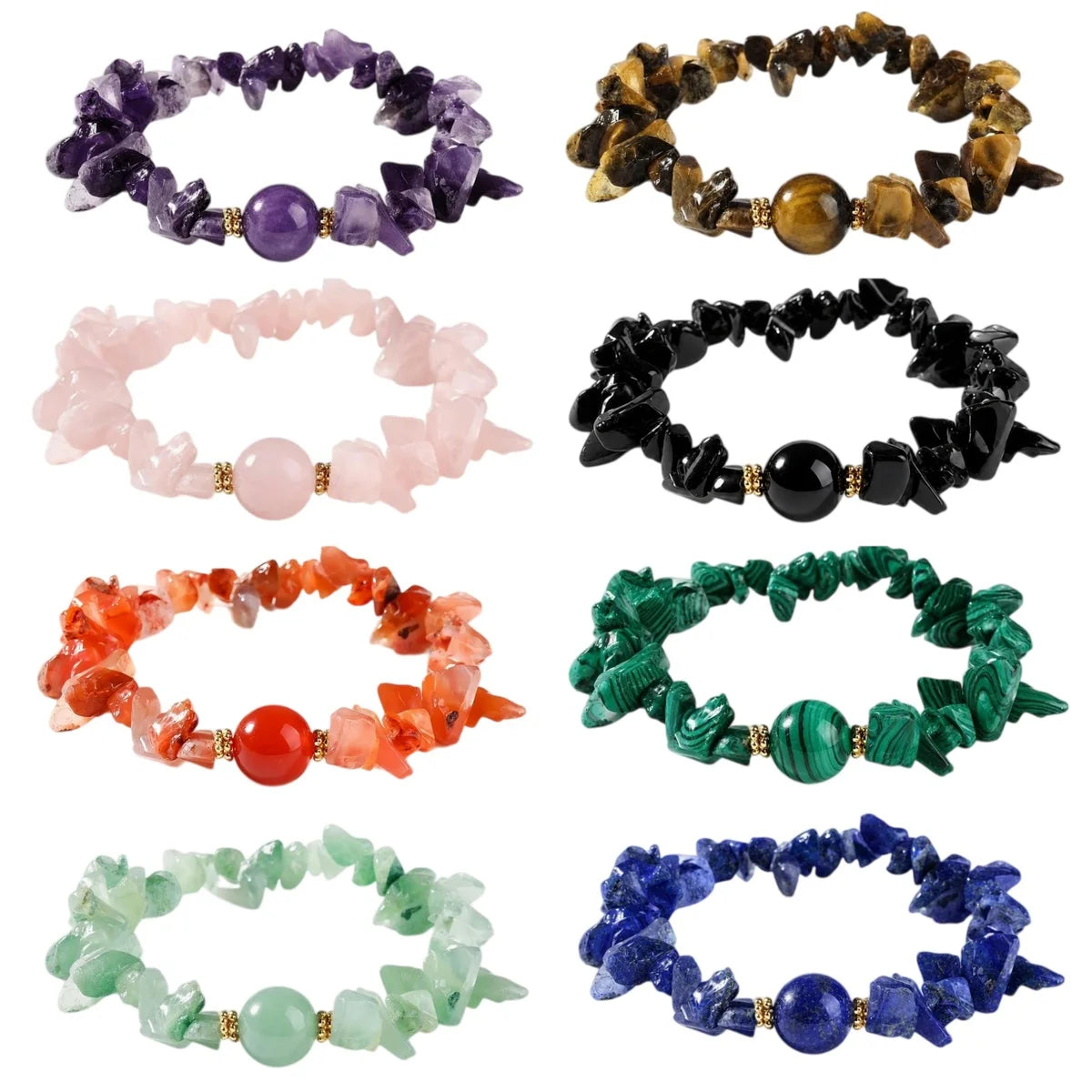 Handmade Natural Irregular Chip Stone Bracelet Elastic 12MM Round Gemstone Bead for Women #SB3160