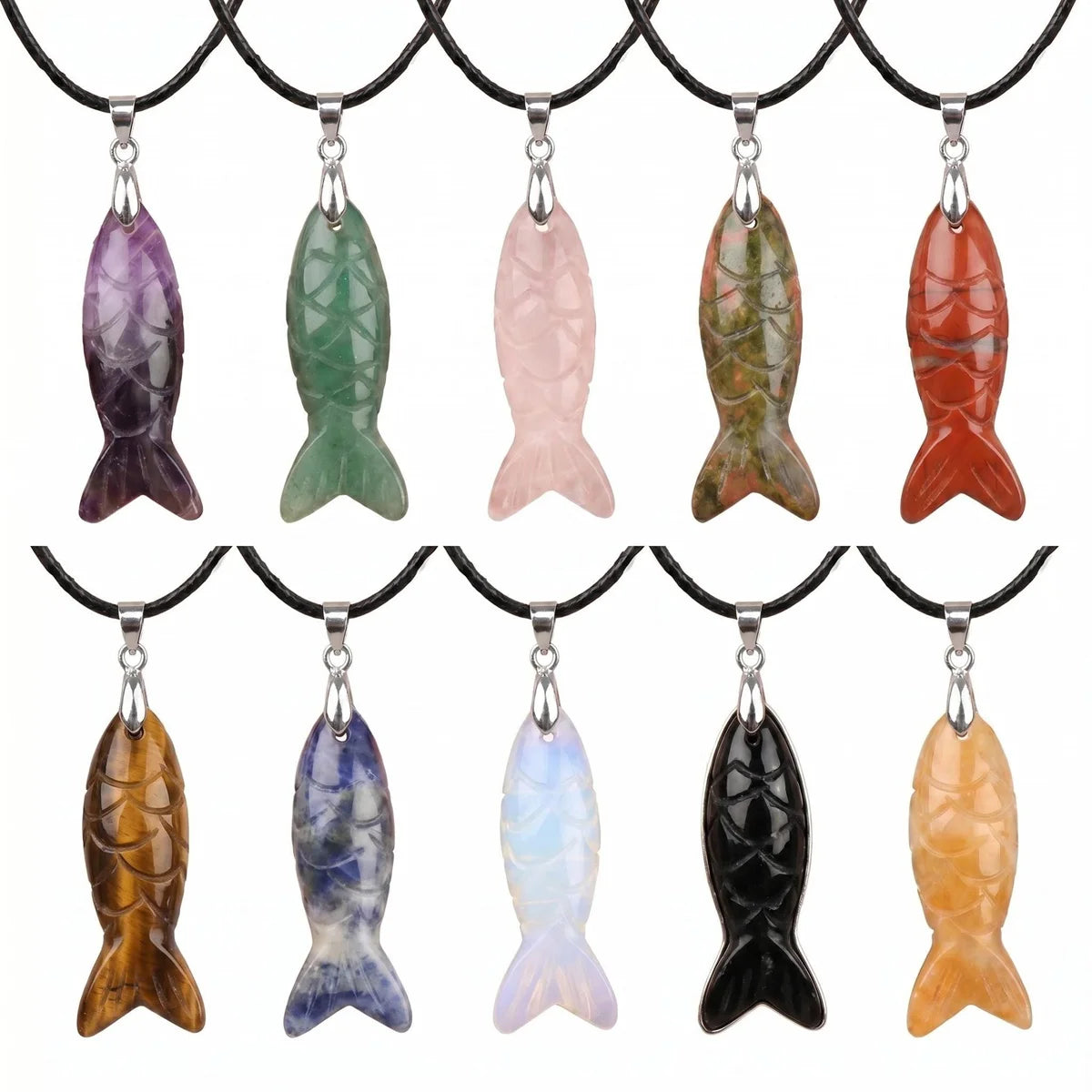 Handmade Craved Gemstone Fish Pendant Necklace 45cm Adjustable Leather Cord Spiritual Crystal Jewelry