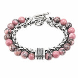 Men Double Layer Gemstone Bead Bracelet, Stainless Steel Chain OT Clasp Bracelet, 8mm Healing Crystal Wrist Jewelry Gift
