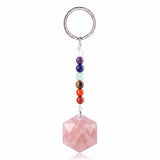 22mm Faceted Hexagon Natural Stone Keychain with 7 Chakra Beads Healing Crystal Bag Charm Ring Gift