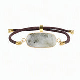 Rectangle Flat Natural Gemstone Bracelet, Adjustable Brown Braided Cord Gold‑Bezel Healing Crystal Handmade Unisex Stackable Wrist Jewelry