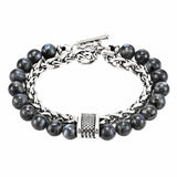 Men Double Layer Gemstone Bead Bracelet, Stainless Steel Chain OT Clasp Bracelet, 8mm Healing Crystal Wrist Jewelry Gift