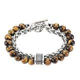 Men Double Layer Gemstone Bead Bracelet, Stainless Steel Chain OT Clasp Bracelet, 8mm Healing Crystal Wrist Jewelry Gift