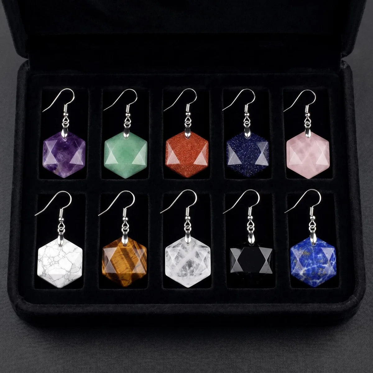 22mm Faceted Hexagon Natural Stone Dangle Earrings Healing Crystal Drop Hook Earrings for Women Men Gift