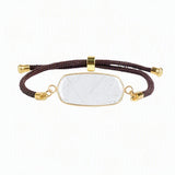 Rectangle Flat Natural Gemstone Bracelet, Adjustable Brown Braided Cord Gold‑Bezel Healing Crystal Handmade Unisex Stackable Wrist Jewelry