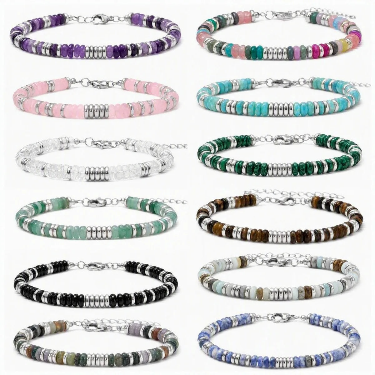 Handmade Flat Disc Stone Bracelet Silver Spacer Beads Lobster Claw Clasp Stackable Heishi Beaded Jewelry For Female Daily Wear #SB3139