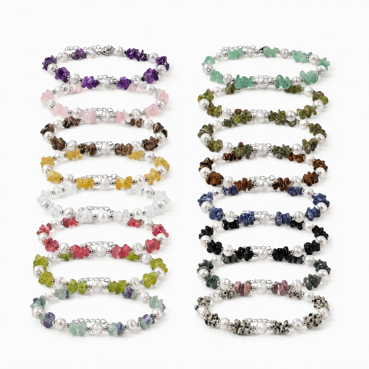 Natural Freshwater Pearl & Stone Bracelet Irregular Gemstone Chip Bead Silver Plated Adjustable Chain Bracelet for Women Gift