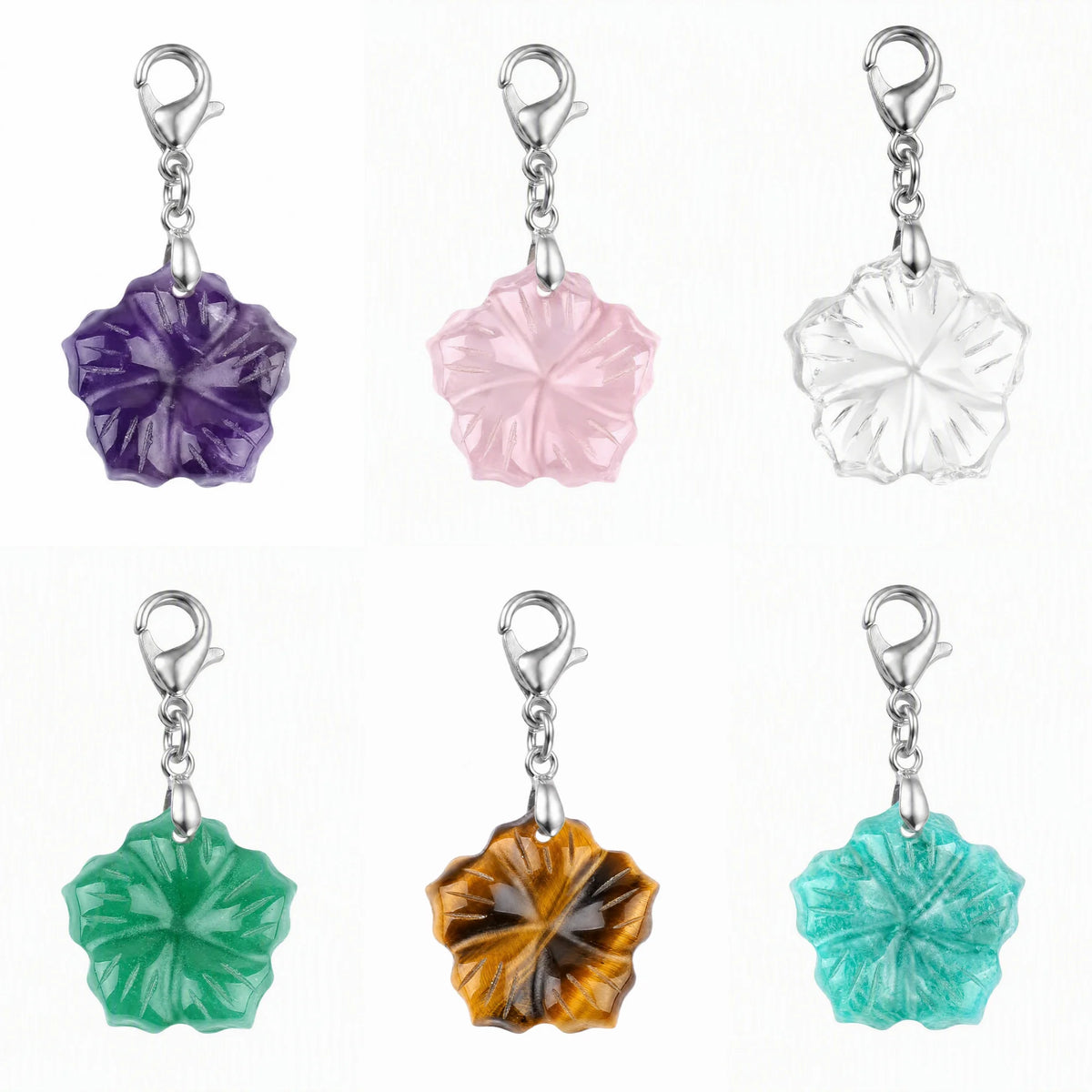 20mm Hand Carved Natural Crystal Flower Pendant, Mixed Gemstone Stone Charm with Hole for DIY Necklace Jewelry Making