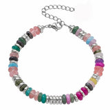 Handmade Flat Disc Stone Bracelet Silver Spacer Beads Lobster Claw Clasp Stackable Heishi Beaded Jewelry For Female Daily Wear #SB3139