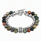 Men Double Layer Gemstone Bead Bracelet, Stainless Steel Chain OT Clasp Bracelet, 8mm Healing Crystal Wrist Jewelry Gift