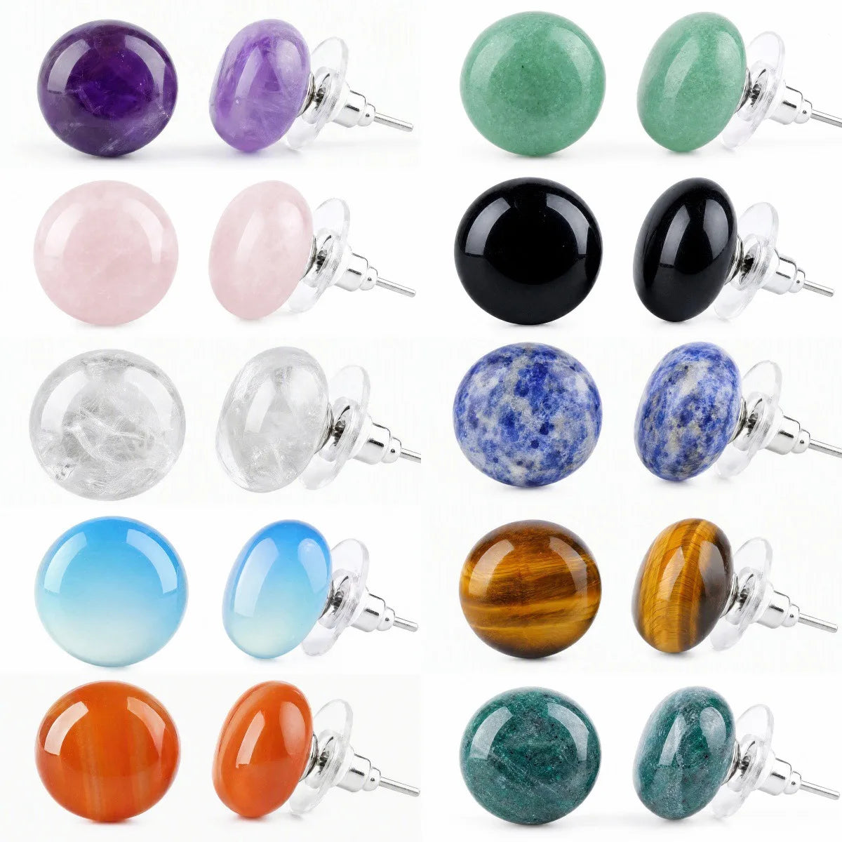 12mm Healing Crystal Round Dome Stone Stud Earrings for Daily Energy & Style