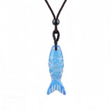 Handmade Craved Gemstone Fish Pendant Necklace Adjustable Rope Unique Gift for Her/Him