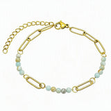Gold Stainless Steel Paperclip Chain Bracelet Tiny Gemstone Bead Adjustable Dainty Layering Bracelets for Women #SB3161G