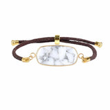 Rectangle Flat Natural Gemstone Bracelet, Adjustable Brown Braided Cord Gold‑Bezel Healing Crystal Handmade Unisex Stackable Wrist Jewelry