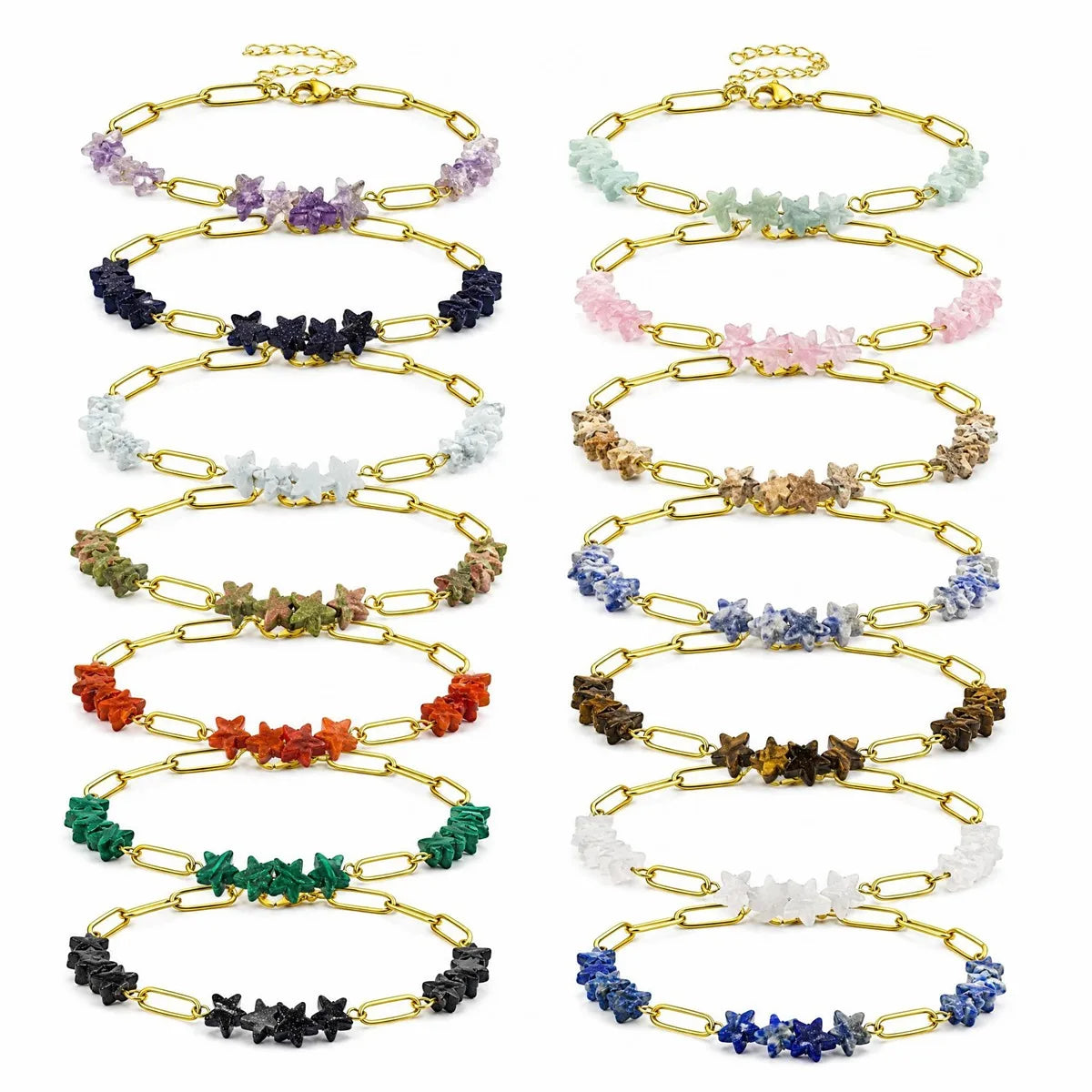 Natural Stone Star Bead Bracelet Stainless Steel Paperclip Link Chain Adjustable Layering Wrist Bracelets for Female #SB3162