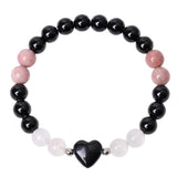 Hand Carved Heart 8mm Round Beads Black Onyx Stretch Bracelet  For Female Daily Wear #SB3138