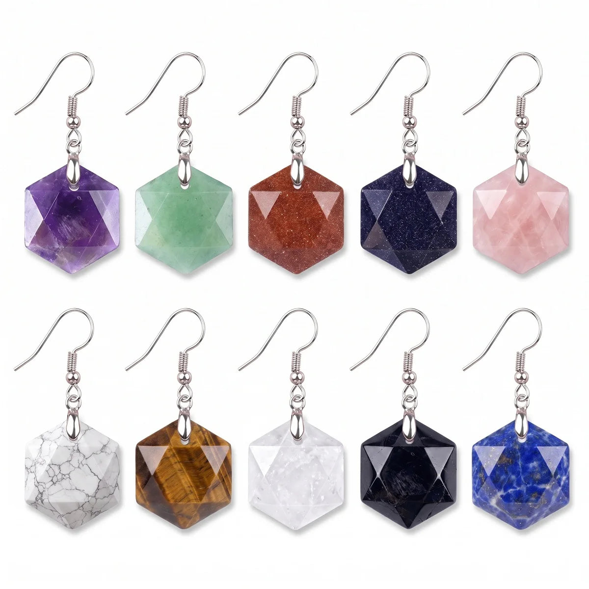 22mm Faceted Hexagon Natural Stone Dangle Earrings Healing Crystal Drop Hook Earrings for Women Men Gift