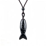 Handmade Craved Gemstone Fish Pendant Necklace Adjustable Rope Unique Gift for Her/Him