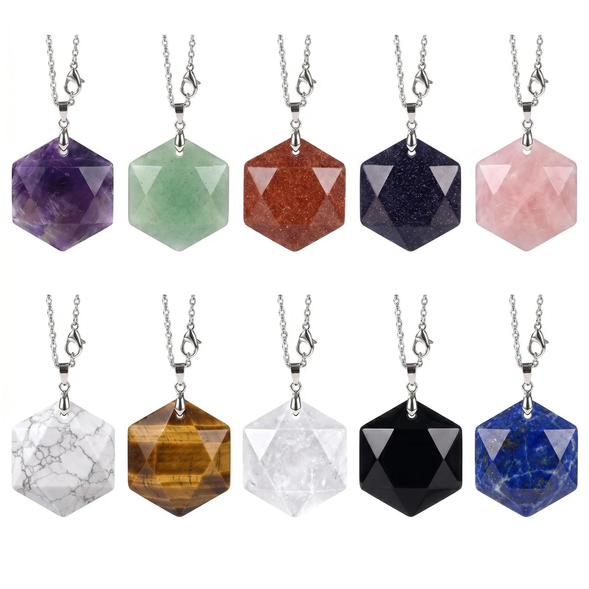 22mm Faceted Hexagon Natural Stone Necklace Healing Crystal Pendant with Stainless Steel Chain Gift