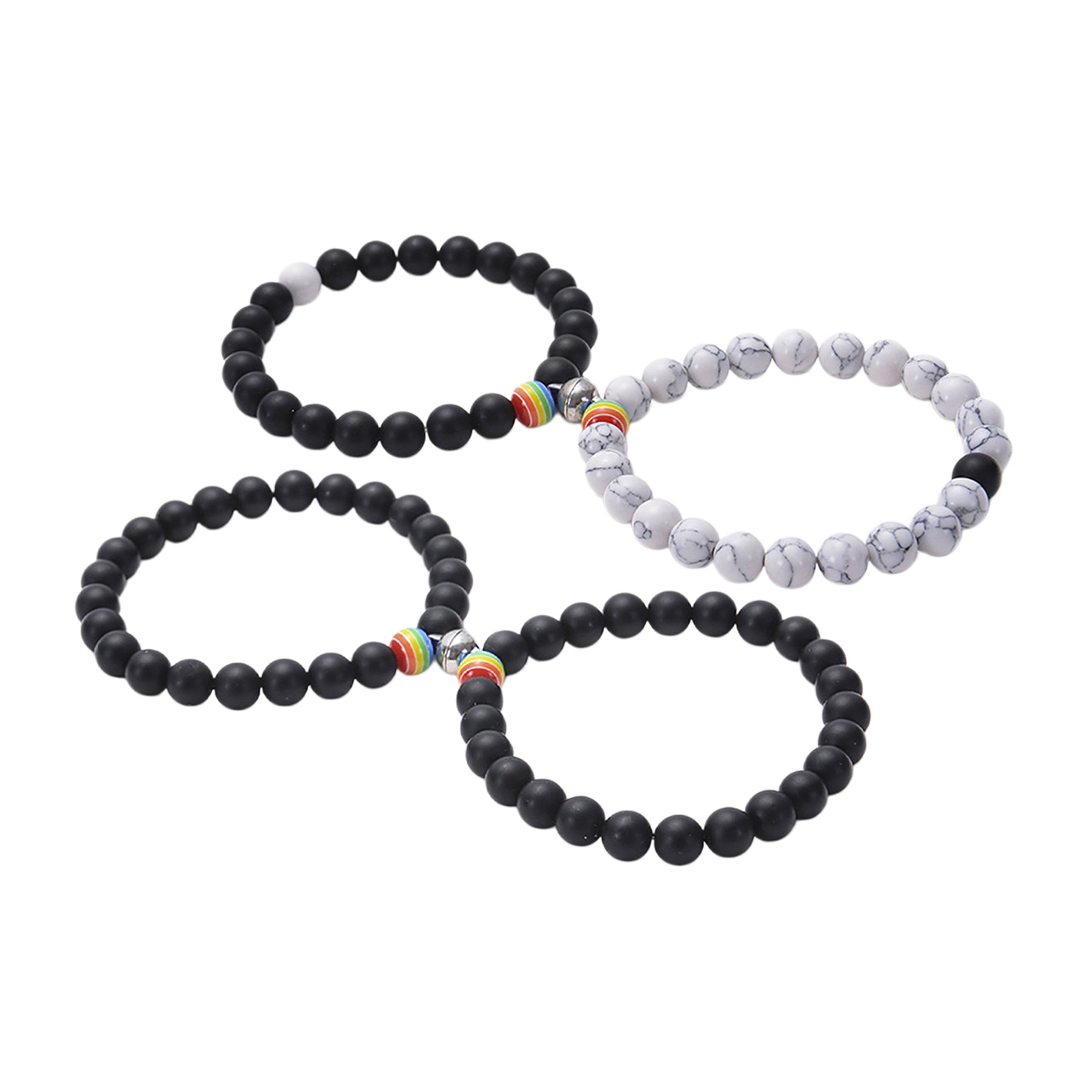 2Pcs Magnetic Couple Bracelets - Matte Black Onyx Stone Beads with Rainbow Pride Accents - Adjustable Distance Bracelets for Lovers & Friends