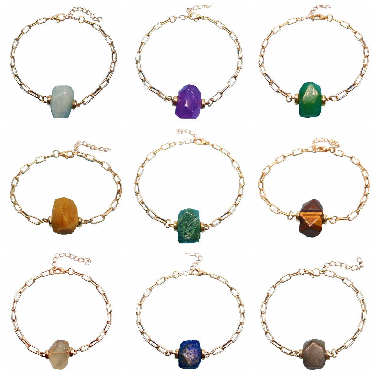 Natural Irregular Gemstone Paperclip Bracelet Adjustable Gold Link Chain with Raw Rose Quartz & Amethyst - Healing Crystal Charm Jewelry for Women & Girls - Gift for Her