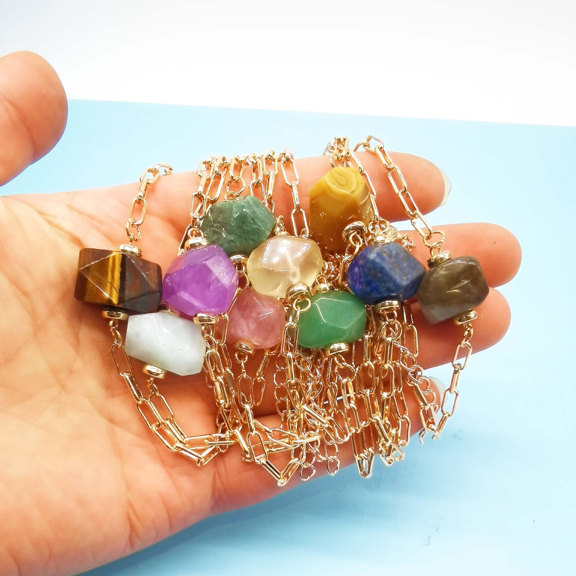Natural Irregular Gemstone Paperclip Bracelet Adjustable Gold Link Chain with Raw Rose Quartz & Amethyst - Healing Crystal Charm Jewelry for Women & Girls - Gift for Her