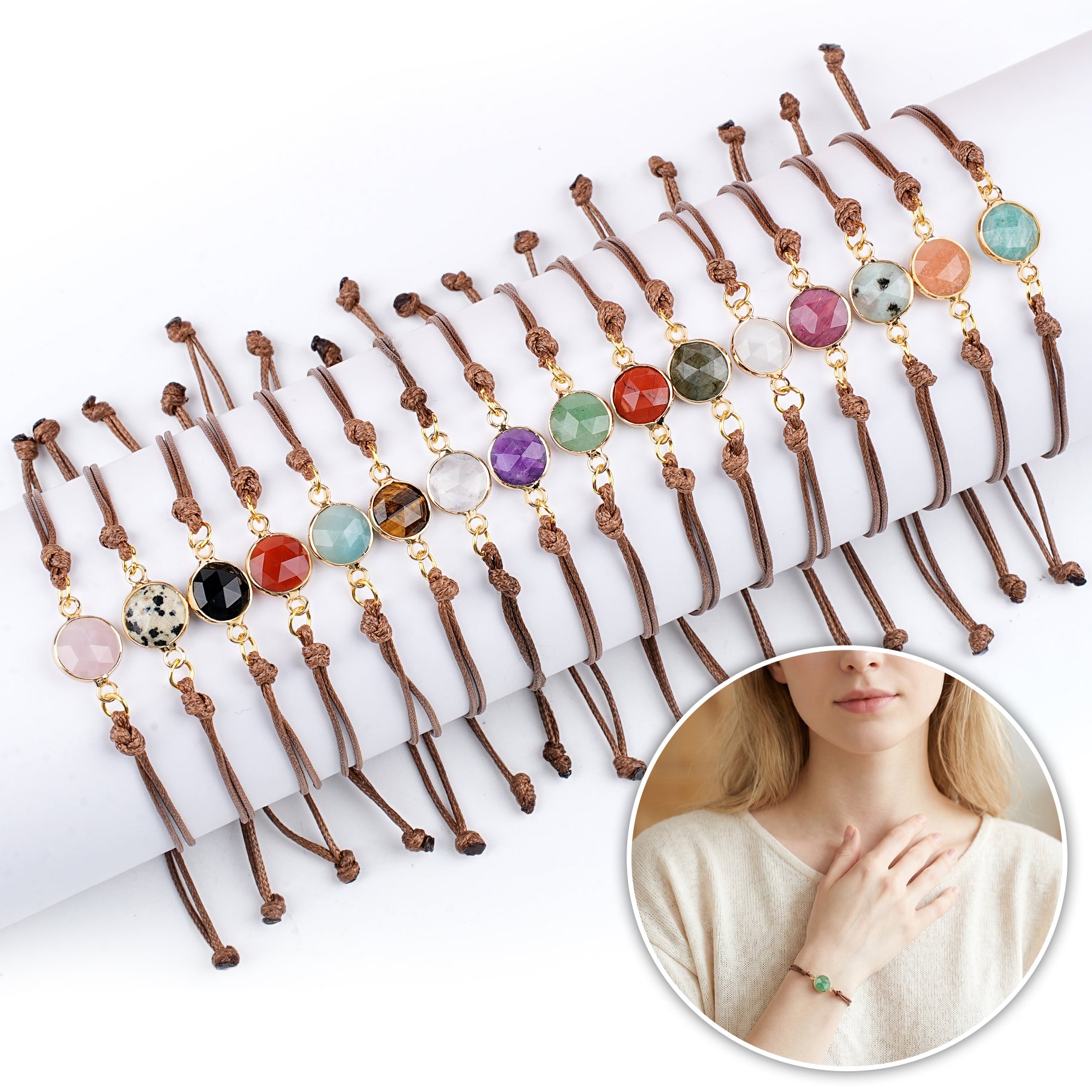 10mm Disc Stone Adjustable Bracelet for Women Men Handmade Woven Bohemian Style Crystal Bangle #SB3127