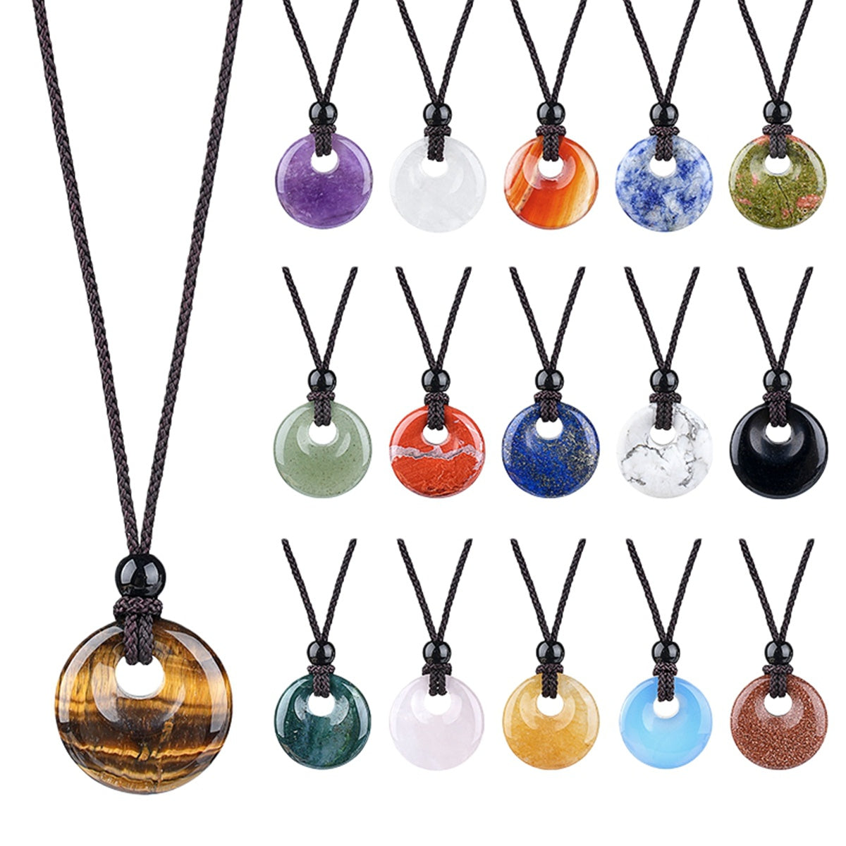 20MM Natural Gemstone Coin Pendant Necklace with Adjustable Rope Chain