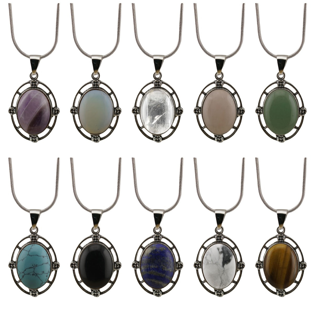 Silver Oval Gemstone Pendant Neckklace with Snake Chain #SN1502S