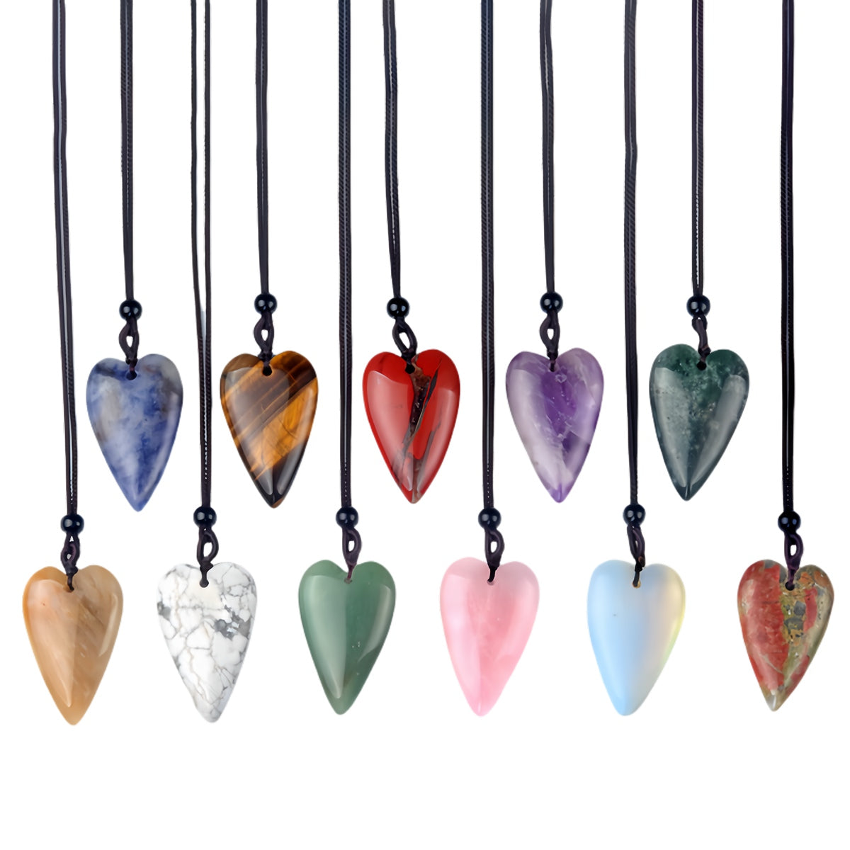 Long Heart Gemstone Pendant Necklace for Women Men Adjustable Black Rope