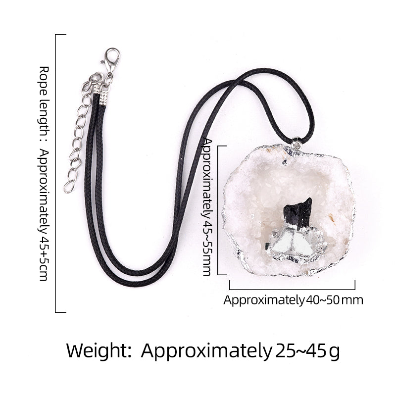 Natural Agate Geode Pendant with Drusy Crystal Point Necklace for Women Ment 45CM Black Cord