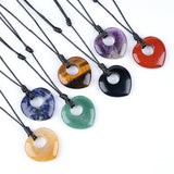 40mm Natural Gemstone Heart Pendant Necklace - Adjustable Black Rope, Healing Crystal Jewelry for Women & Men