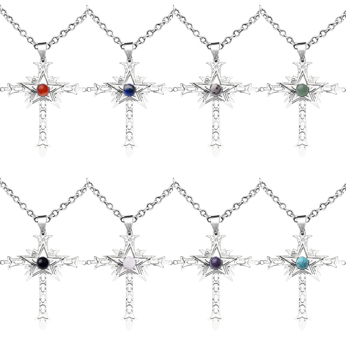 4MM Gemstone Cabs Stainless Steel Cross Pendant Necklace Jewelry for Women Men