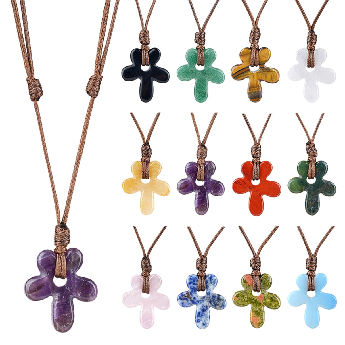 Natural Gemstone 35MM Flower Pendant Necklace Adjustable Brown Rope