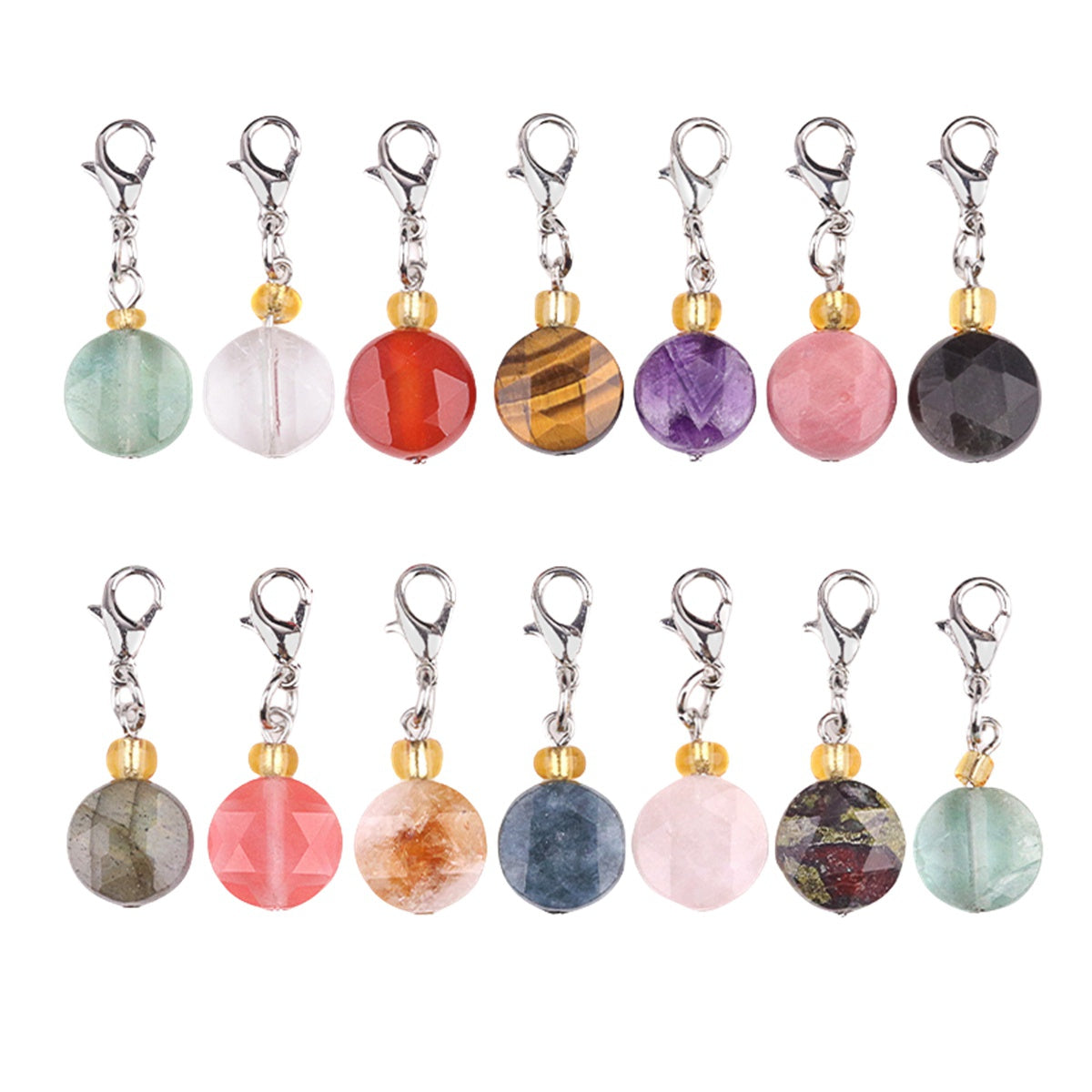10MM Faceted Disc Gemstone Pendant Charm Tag with Lobster Clasp  Healing Crystal Stone Charm for Keychain #SP1895