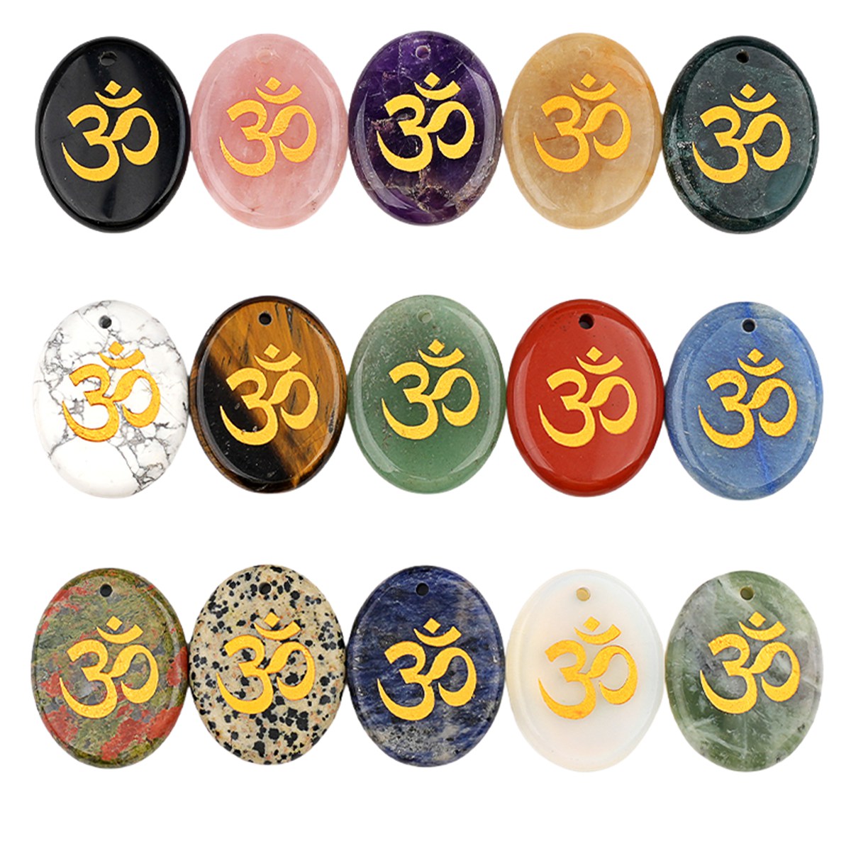 35x45mm Oval Natural Gemstone Pendant, 3D OM Symbol Engraved, Polished Crystal Disc Charm for DIY Spiritual Jewelry, Necklace Making