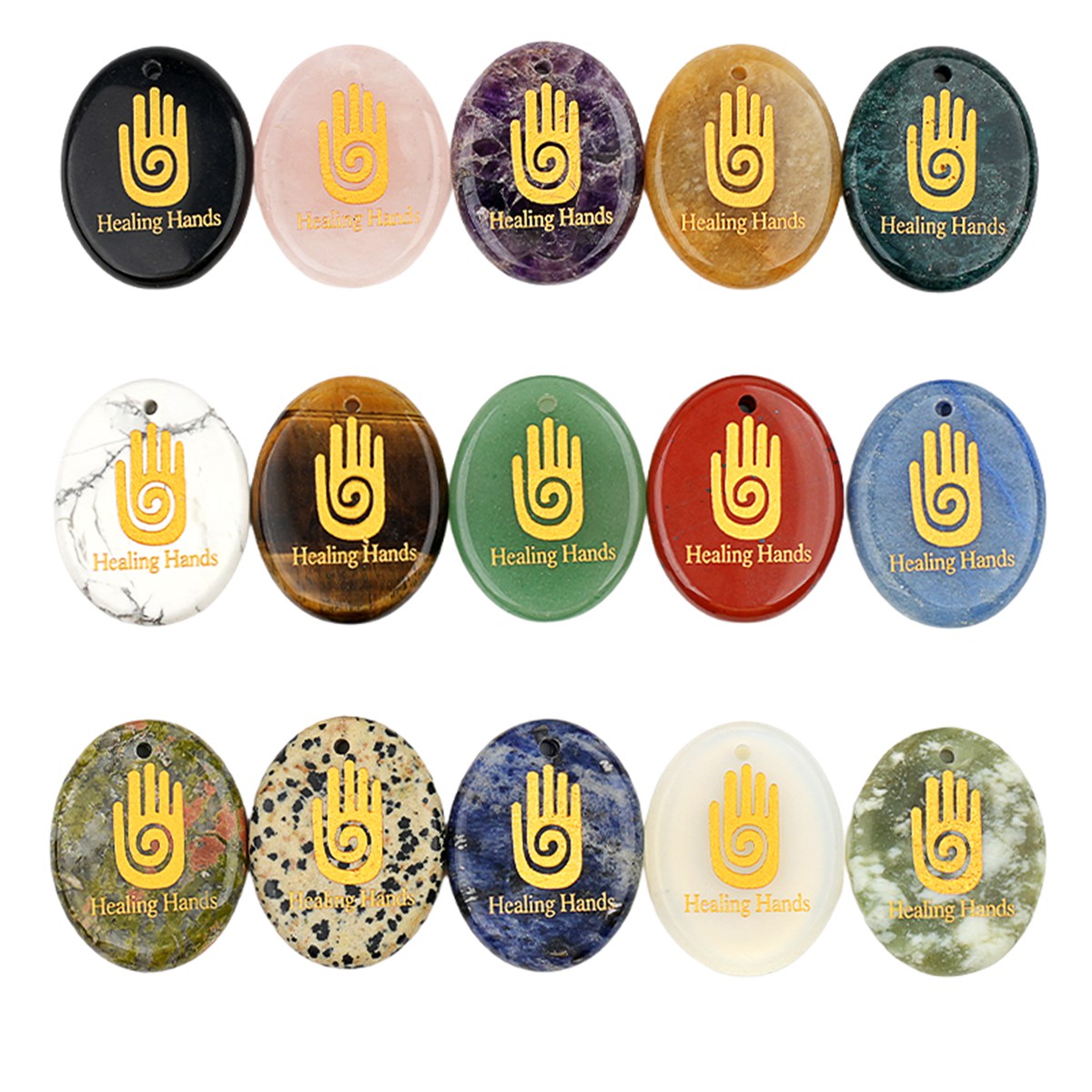 35x45mm Oval Natural Gemstone Pendant, Engraved " Hand", Polished Crystal Disc Charm for Spiritual Jewelry, Necklace Making