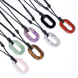 Hand-Polished Hollow O-Shape Gemstone Pendant, 25×40mm Adjustable Rope Necklace, Unique Natural Crystal Daily Wear Jewelry