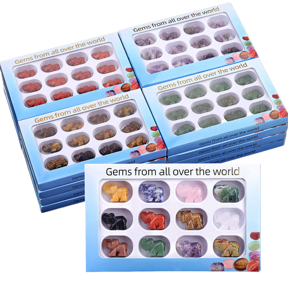 1.0Inch Handmade Carved Gemstone Elephant Ornament  12PCS IN Box for Home Office Desk Decor  #SP2307-12PA