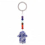7 Chakra Stone Beads Chain Carved Gemstone Hamsa Hand Keychain Energy Balancing Healing Crystal Bag Charm of Fatima Key Ring  KC0671
