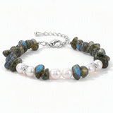 Handmade Healing Crystal Chip Bracelet Freshwater Pearl Beads Silver Extension Chain Women Fashion Stackable Bracelet #SB3136