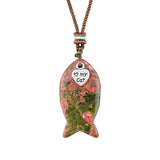 I Love My Cat Crystal Fish Pendant Necklace Metal Heart Charm Healing Choker Adjustable Braided Rope Jewelry Women Men