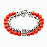 Men Double Layer Gemstone Bead Bracelet, Stainless Steel Chain OT Clasp Bracelet, 8mm Healing Crystal Wrist Jewelry Gift