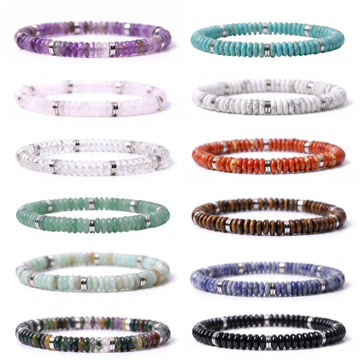 6x3mm Disc Bead Stone Stretch Bracelet for Women Men With Silver Spacer #SB3132