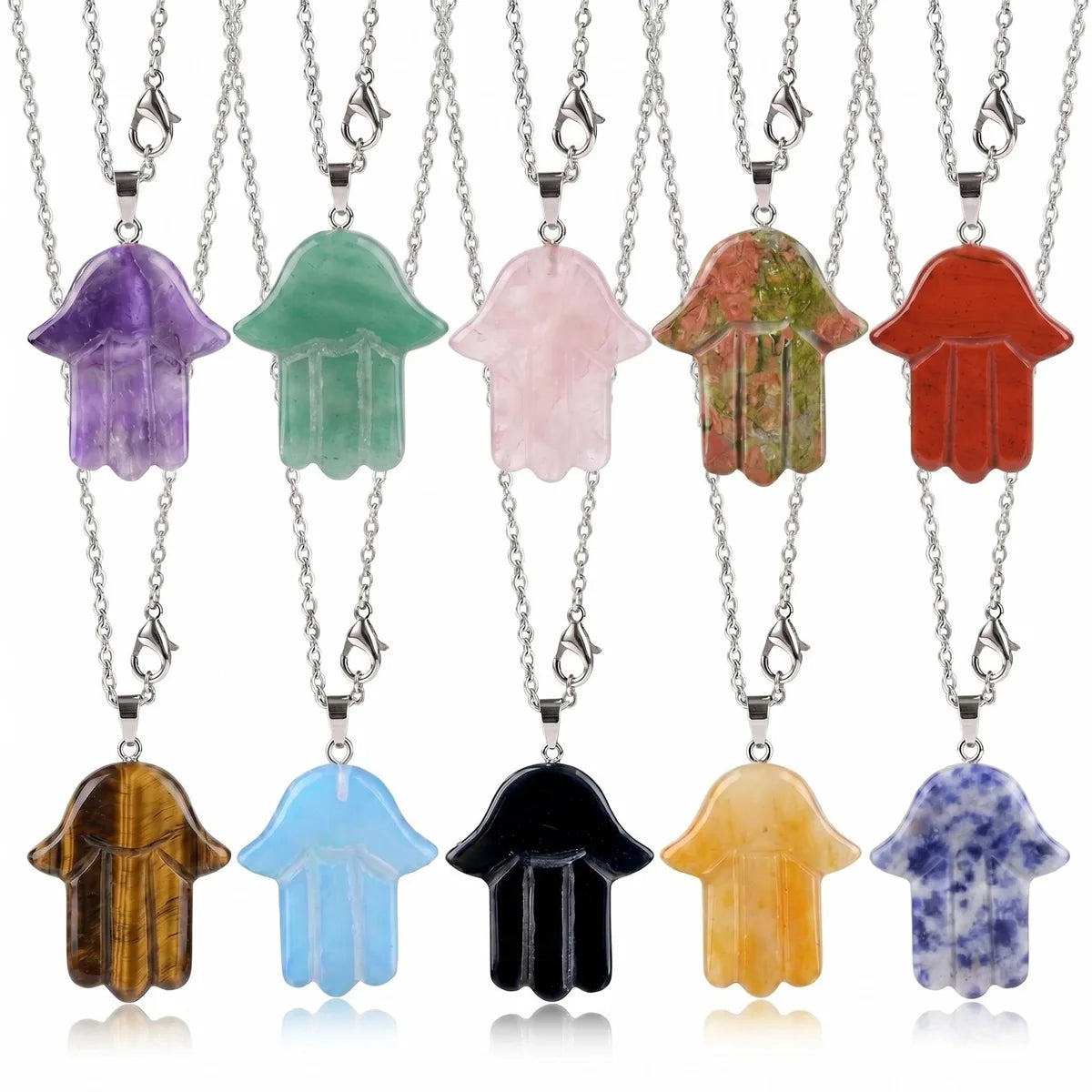 Hamsa Hand Natural Crystal Pendant Necklace Silver O Chain Evil Eye Lucky Healing Spiritual Jewelry For Women Daily Wear
