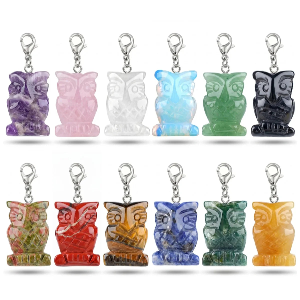 Natural Gemstone Owl Pendant Tags with Lobster Clasp Healing Crystal Carved Animal Charm for Jewelry Making SP2329