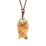 I Love My Cat Crystal Fish Pendant Necklace Metal Heart Charm Healing Choker Adjustable Braided Rope Jewelry Women Men